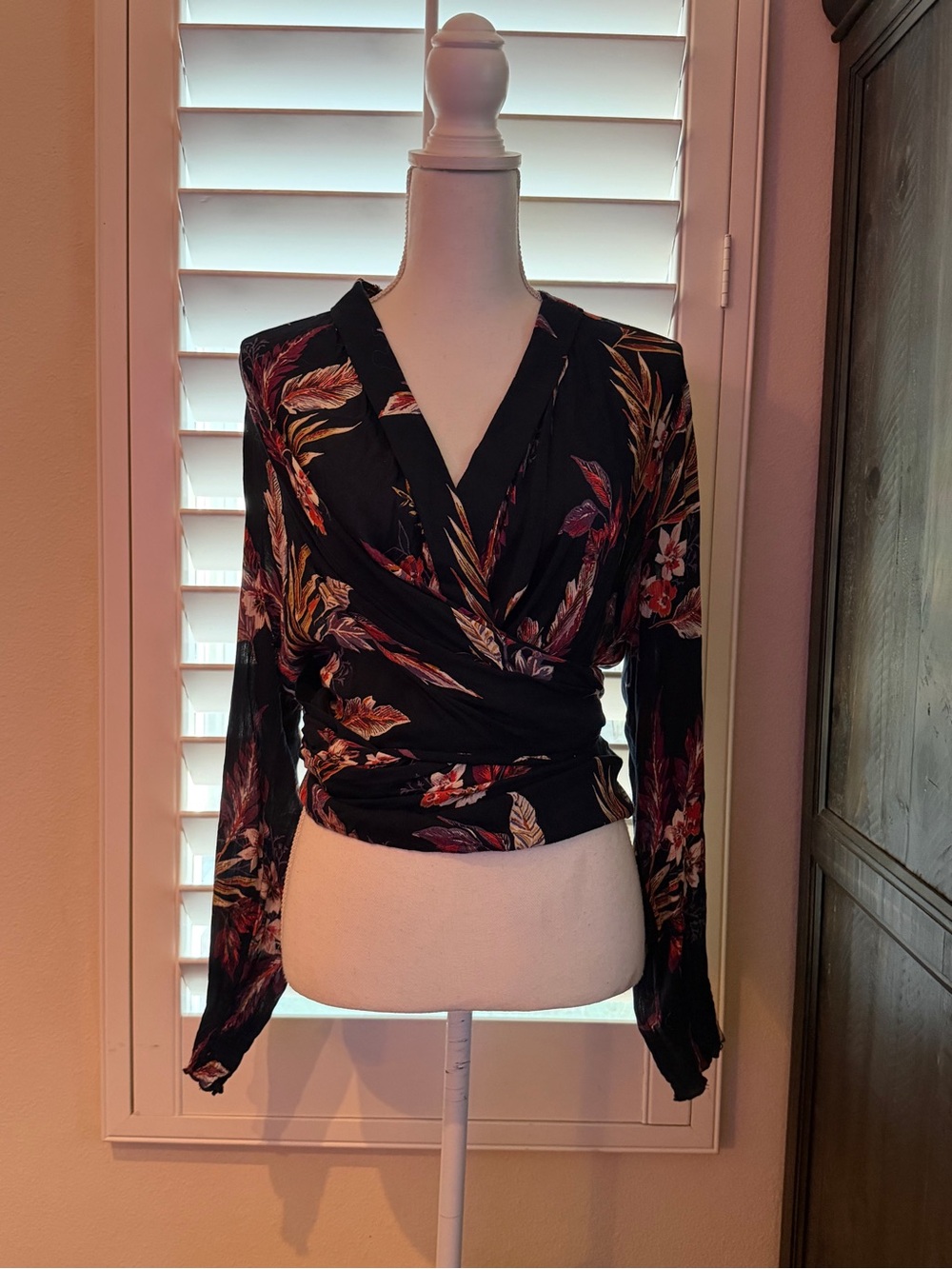 Patrons of Peace Black Floral Wrap Long-Sleeve Top